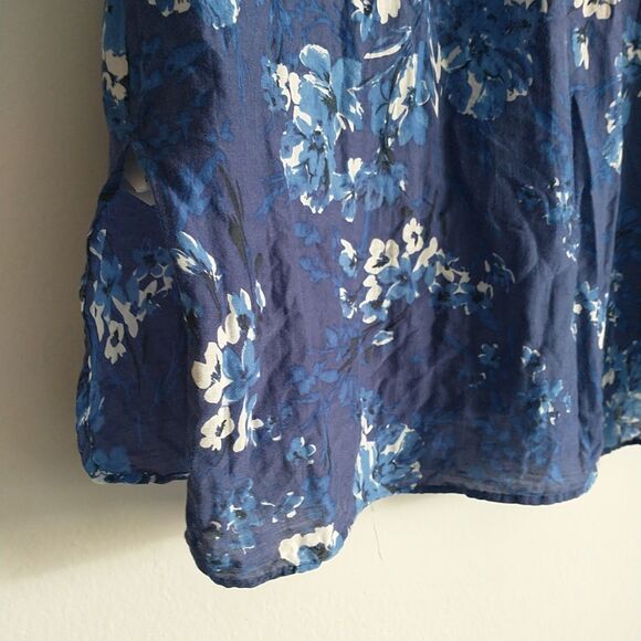 Zara Top Blouse Tunic Woman L/M*Blue Floral Silk Blend Long Sleeve Keyhole - Picture 8 of 11